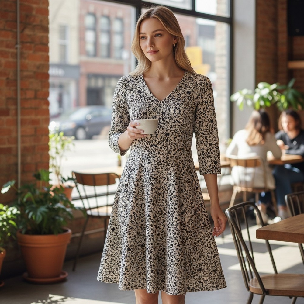 Cato Damask Jacquard Knit Dress XS Black Cream Excellent V-Neck 3/4 Sleeve Flare